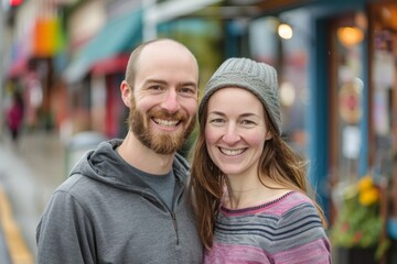 Obraz premium Portrait of a grinning couple in their 30s showing off a lightweight base layer while standing against vibrant market street background