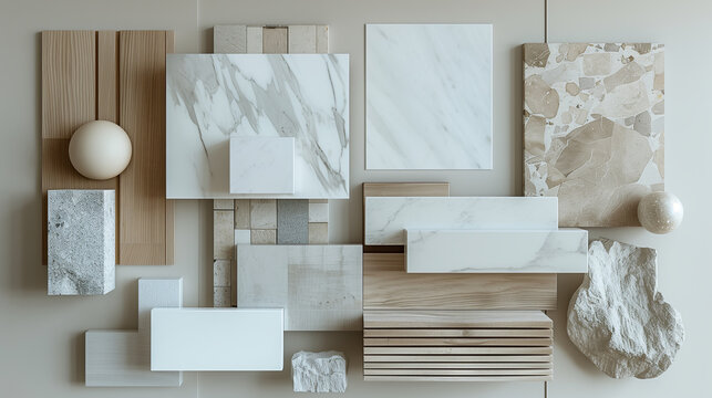 A flat lay of interior design material samples including marble, wood, and stone in neutral and earthy tones, minimalist photography