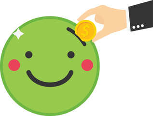 Businessman hand put coin on smile emoji. Positive thinking, or an optimistic attitude. Increased emotional intelligence. Flat vector illustration

