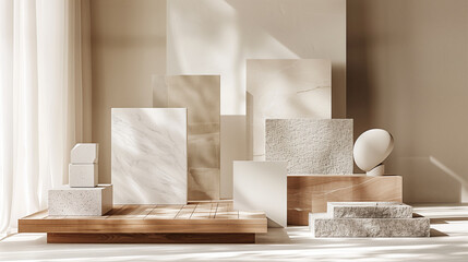 A flat lay of interior design material samples including marble, wood, and stone in neutral and earthy tones, minimalist photography, trending on Pinterest