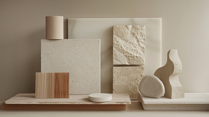 A flat lay of interior design material samples including marble, wood, and stone in neutral and earthy tones, minimalist photography, trending on Pinterest