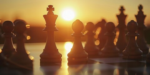 Chess pieces in silhouette at sunset, warm backlight,  dramatic and artistic, outdoor setting