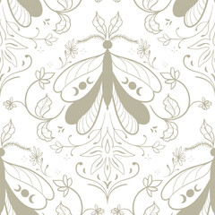 Seamless pattern with mystical butterfly elements and floral motifs. Scandinavian floral motif. Vector background with butterflies in tattoo style, retro engraving.