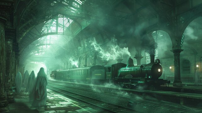 A haunted train station with ghostly figures waiting for a train