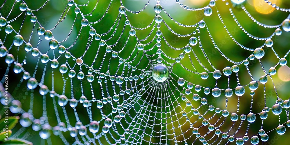 Wall mural A close-up photo of dew drops on a spider web, creating a beautiful and intricate pattern, nature, water, droplets, morning