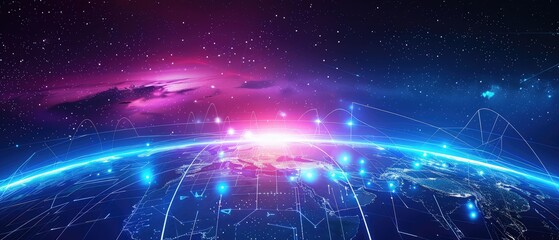 Fototapeta premium Connection lines around the Earth's surface, future technology backdrop with circles and lines. Internet, social media, travel, or logistical concepts