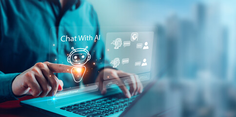 AI chatbot conversation using artificial intelligence technology smart robot AI, Generative AI, Answer, Businessman using AI to generate something, Customer support, laptop, assistant, Chat interface.