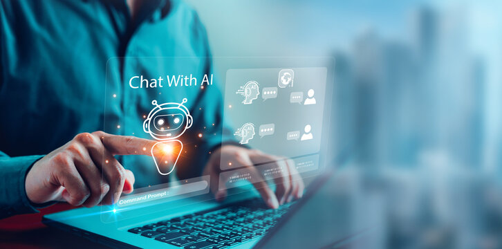 AI chatbot conversation using artificial intelligence technology smart robot AI, Generative AI, Answer, Businessman using AI to generate something, Customer support, laptop, assistant, Chat interface.