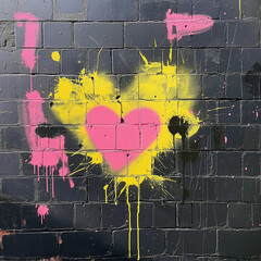 Beautiful street art of graffiti, shaped paint splatters on a black brick wall in the style of an abstract expressionist piece