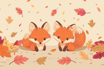 Two cute cartoon foxes sitting among autumn leaves.