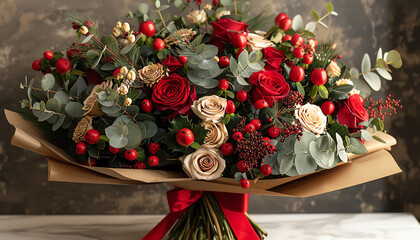 A beautiful bouquet of red and cream roses, with eucalyptus and holly berries. The bouquet is wrapped in brown paper and tied with a red ribbon.