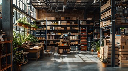 Organized Warehouse with Abundant Natural Light and Greenery