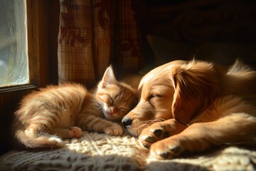 A golden retriever puppy and a kitten sleep peacefully together by a window.