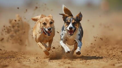 Two dogs running on a dirt track, one brown and one black and white, with blurred background