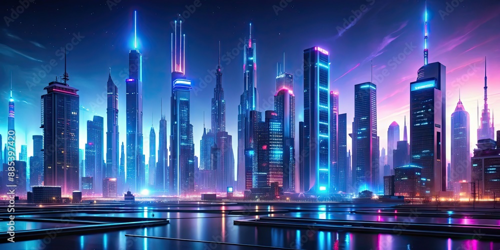 Wall mural Futuristic cityscape with advanced technology and neon lights, futuristic, high-tech, concept, art, abstract