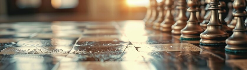 Naklejka premium Chess pieces on ornate board, soft natural light elegant and classic, warm wooden tones