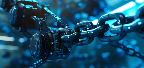 Close-up of futuristic mechanical chain in blue lighting. High-tech engineering and innovation theme in cybernetic environment.