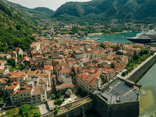 Naklejka premium Panoramic aerial view of Perast small town along the Kotor Bay, Montenegro.