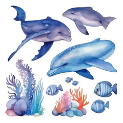 Sea set watercolor raster: Dolphin, shark, whale, killer whale, coral, wave, shell. Animals underwater world raster. Marine background.