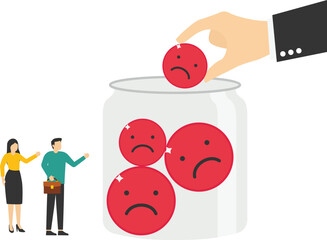 Bad review with phone, negative reviews, bad reputation. Woman collect negative emoticons into Glass Jar. Vector illustration

