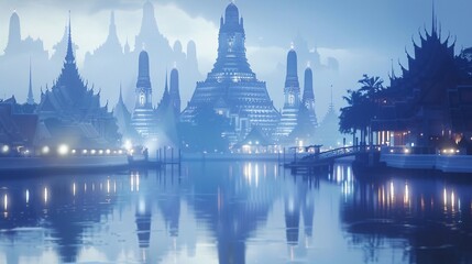 Artistic paper cut depiction of Wat Arun Temple with its towering spires and detailed patterns against a serene riverside backdrop Stock Photo with copy space