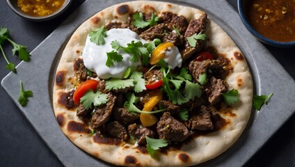 Overhead shot of lamb flatbreads with yogurt on to