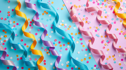 Pastel greeting card with a festive design featuring colorful streamers and confetti