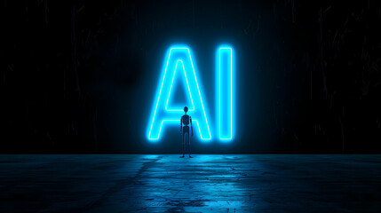 A person stands under the huge AI word on a dark blue background