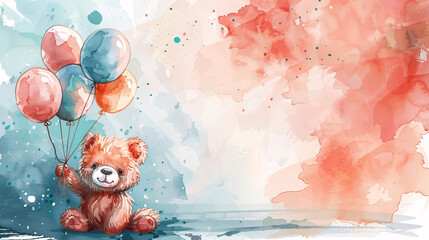 Pastel watercolor backdrop with a bear holding balloons, suitable for a baby shower invite