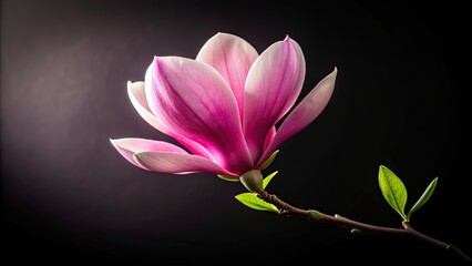 Pink magnolia blossom on black background, Pink, magnolia, blossom, delicate, stem, isolated, black, background, flower, bloom