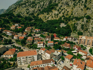 Fototapeta premium Panoramic aerial view of Perast small town along the Kotor Bay, Montenegro.