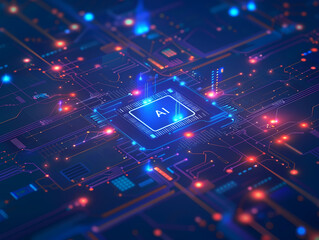 There is the word "AI" on the dark blue circuit board, CPU and artificial intelligence are coming
