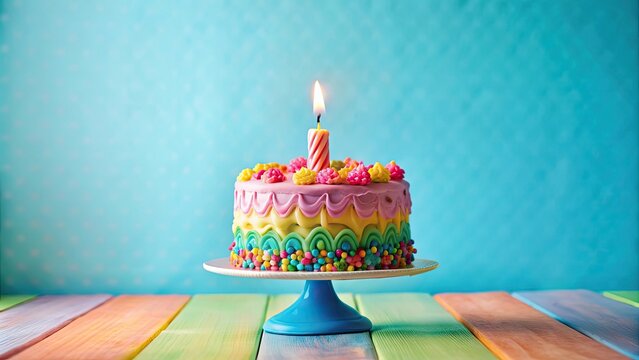 Colorful first birthday smash cake with frosting and candle , birthday, celebration, cake, party, colorful, one, first, candle