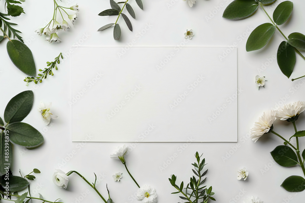 Poster photo of a blank card and envelope on a white background, top view. web banner with space on the rig