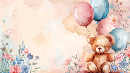 Pastel watercolor frame with balloons and a teddy bear, ideal for a welcome baby announcement