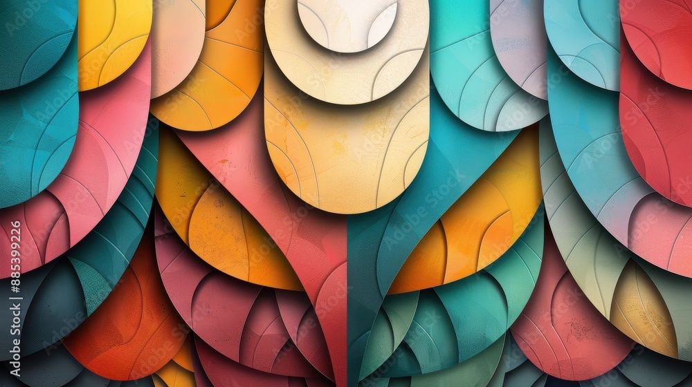 Poster a mesmerizing abstract art piece featuring geometric shapes arranged in a harmonious composition bas