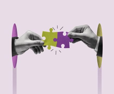 Connecting puzzle pieces. Art collage.