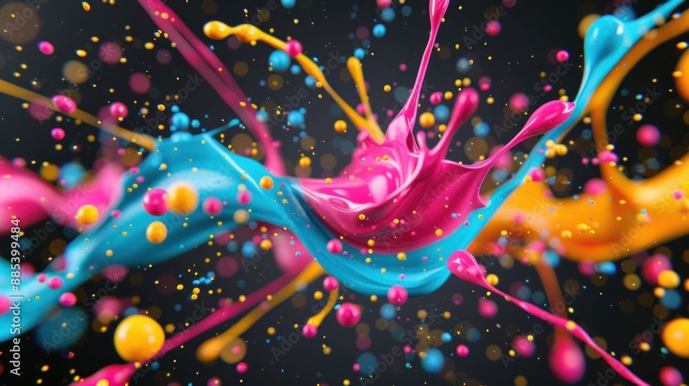 Poster vibrant paint splatters forming an intricate abstract design based on the golden ratio, creating a v