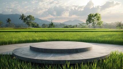 Round Podium with Rice Field Background