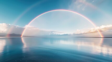 Vibrant natural rainbows stretching across serene landscapes.