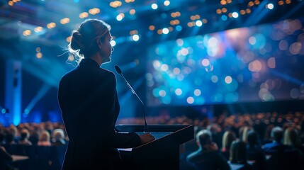 A businesswoman delivering a keynote speech at a prestigious corporate event, standing confidently at a podium, elegant stage setup, professional attire, audience attentively listening,