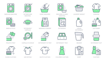 Laundry process line icons. Vector illustration include icon - washing machine, shirt, liquid detergent, basin, beaker outline pictogram for cloth cleaning. Green Color, Editable Stroke