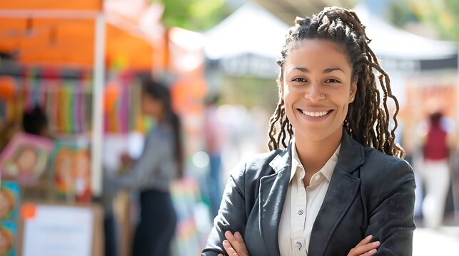 A businesswoman leading a community outreach event, standing in front of a group of volunteers, outdoor setup with informational booths, professional attire, smiling and welcoming participants,