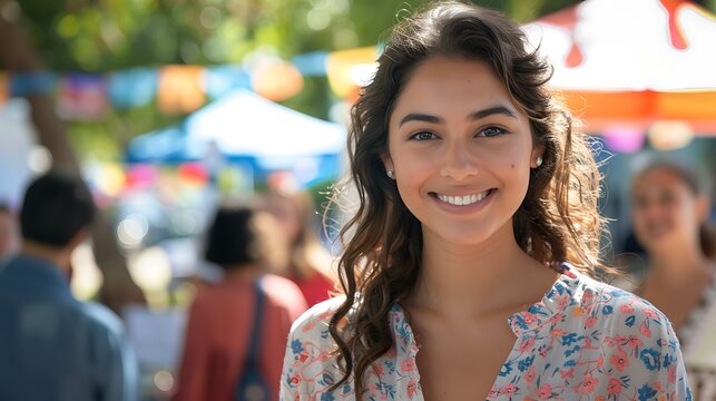 A businesswoman leading a community outreach event, standing in front of a group of volunteers, outdoor setup with informational booths, professional attire, smiling and welcoming participants,