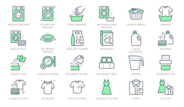 Laundry process line icons. Vector illustration include icon - washing machine, shirt, liquid detergent, basin, beaker outline pictogram for cloth cleaning. Green Color, Editable Stroke