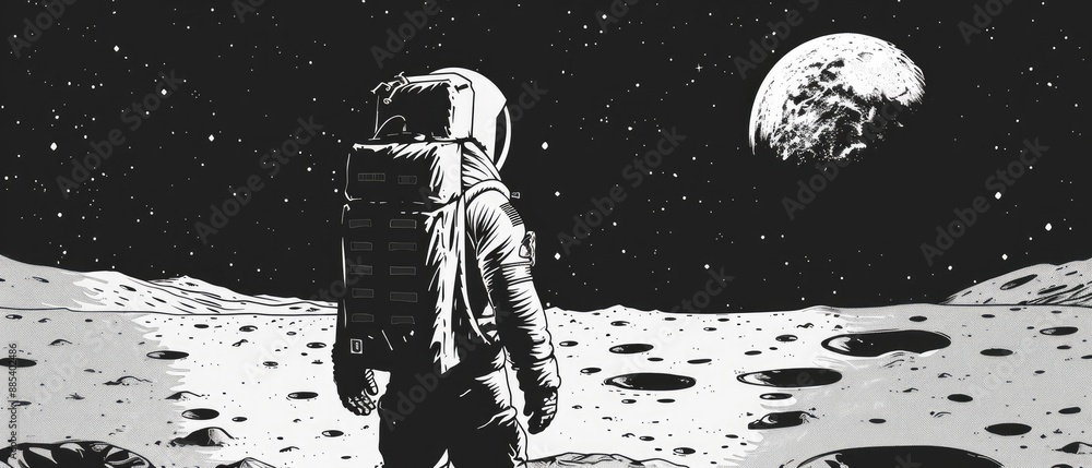 Poster astronaut standing on the moon's surface with spacesuit and lunar module in the background
