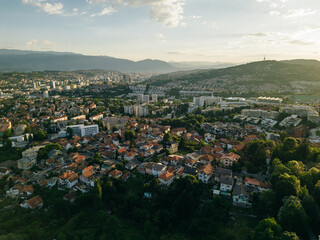 Aerial view of Sarajevo city at sunset in Bosnia and Herzegovina