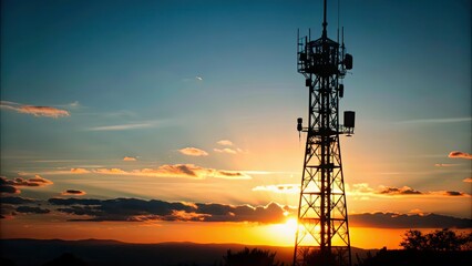 Silhouettes of a telecommunications tower at sunset , technology, communication, network, infrastructure, skyline