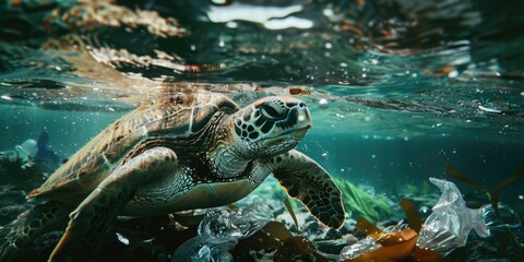 Fototapeta premium Turtle swimming in polluted ocean