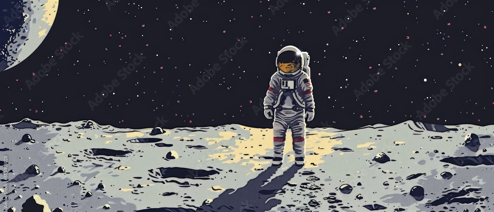Poster astronaut on the moon's surface with american flag and lunar module in the background